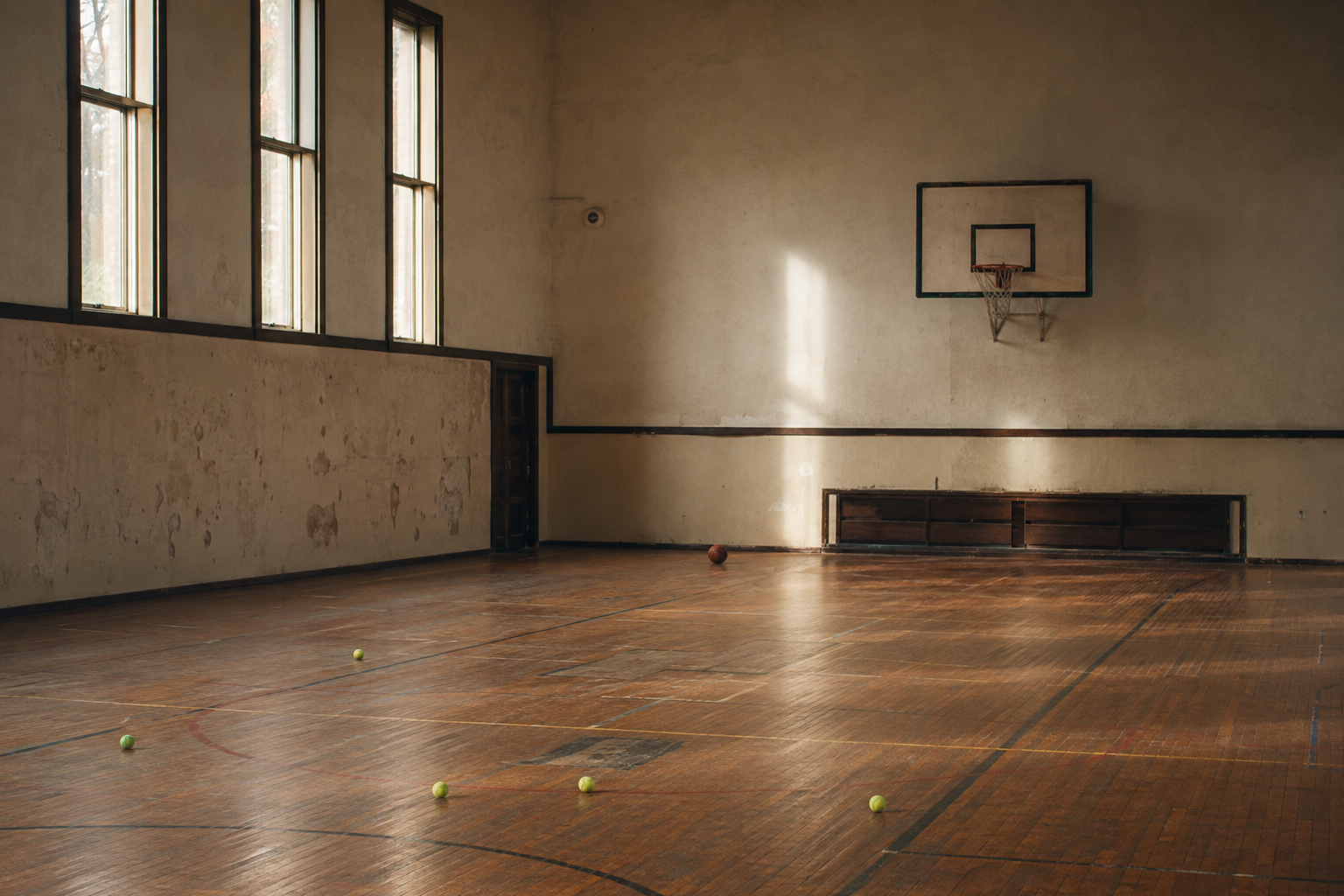 A quiet, timeworn basketball gym after a training session